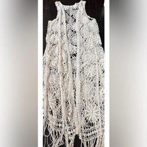 Ultra Pink Floral Crochet Lace Longline Vest Ivory Boho Festival Hippie Sz M